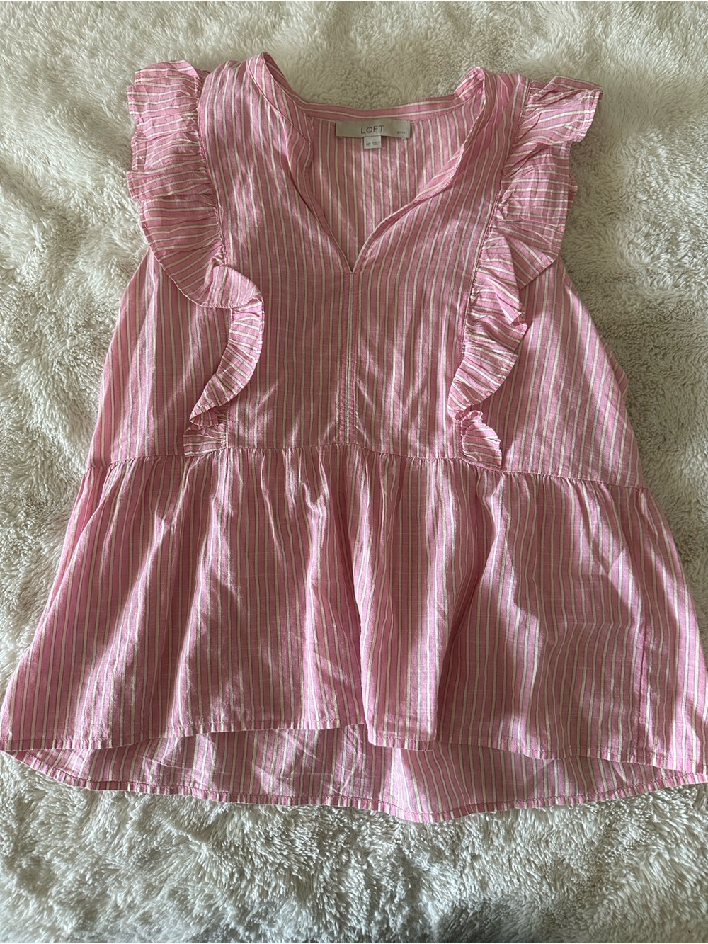 LOFT Pink & White Striped Ruffle Tank Top